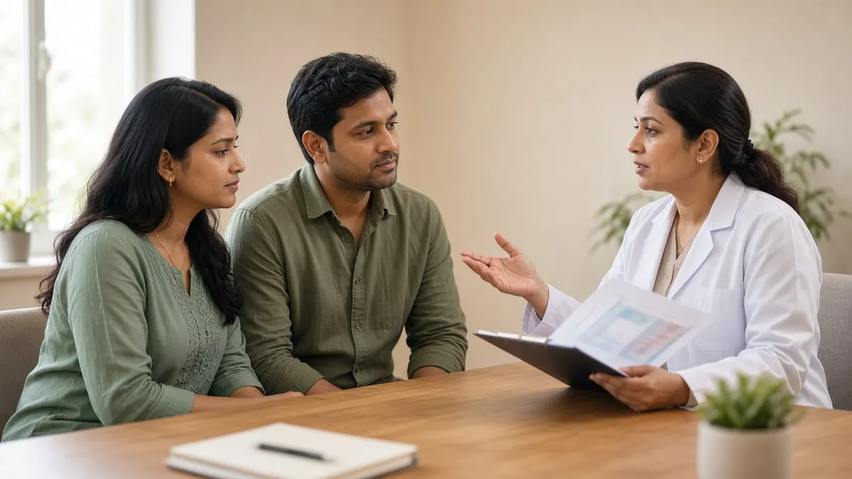 Couple discussing male factor infertility and semen analysis with Dr. Prithivi Perum in Manikonda, Hyderabad